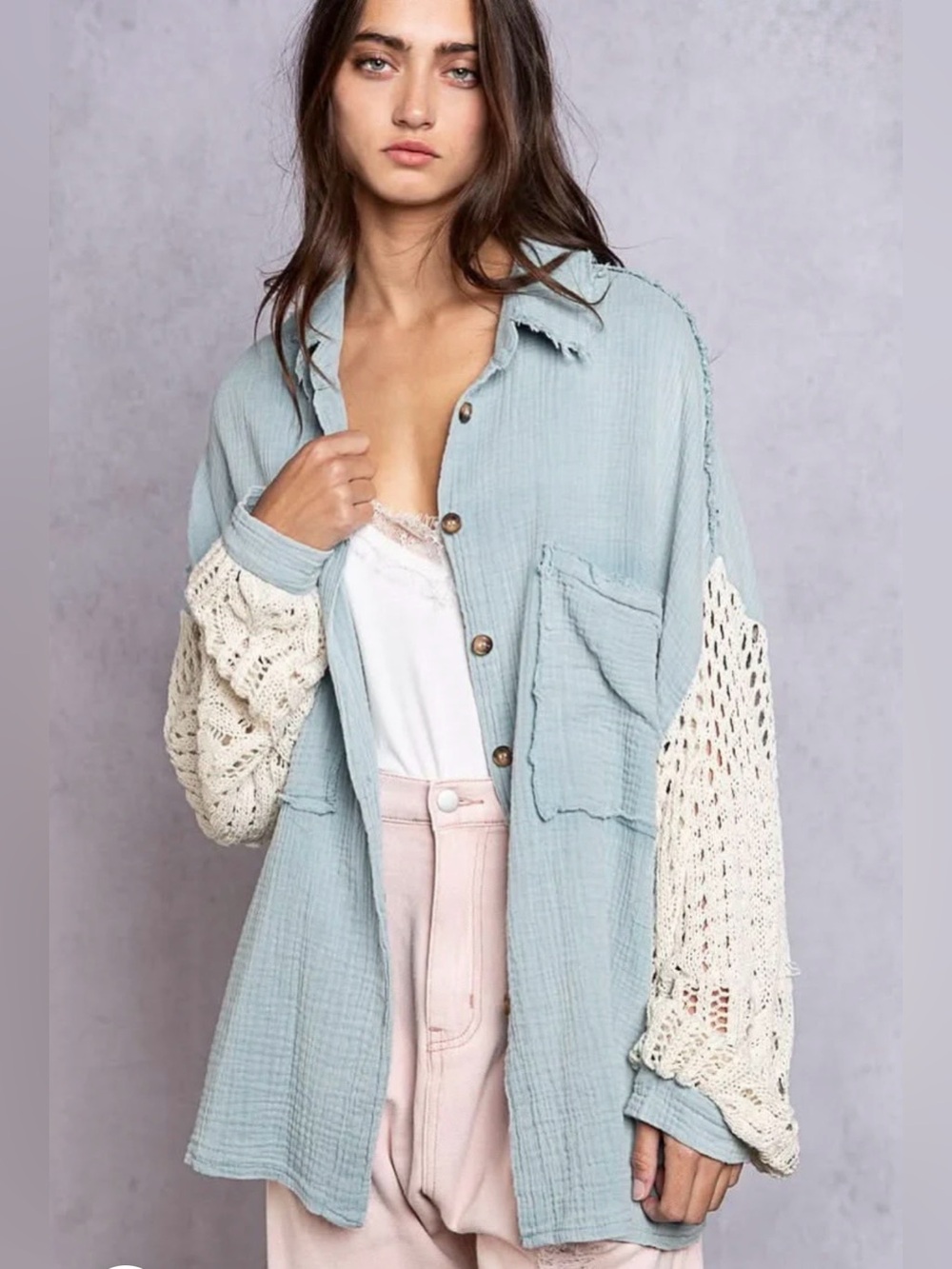 POL Oversized Slouchy Boho Air Blue Gauze & Ivory Crochet Beachy Button Shirt SM